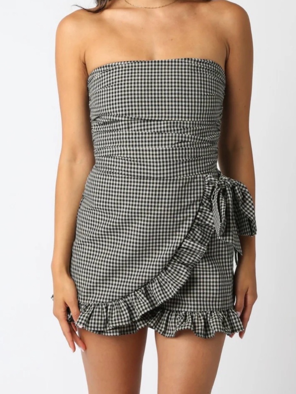 Olivaceous black/taupe gingham checked romper size Small New